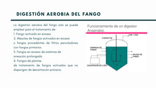 La digestión aerobia del fango solo se puede
emplear para el tratamiento de:
1. Fango activado en exceso
2. Mezclas de fangos activados en exceso
o fangos procedentes de filtros percoladores
con fangos primarios
3. Fangos en exceso de sistemas de
aireación prolongada
4. Fangos de plantas
de tratamiento de fangos activados que no
dispongan de decantación primaria.
DIGESTIÓN AEROBIA DEL FANGO
 