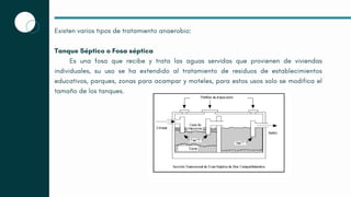 Existen varios tipos de tratamiento anaerobio:
Tanque Séptico o Fosa séptica
Es una fosa que recibe y trata las aguas servidas que provienen de viviendas
individuales, su uso se ha extendido al tratamiento de residuos de establecimientos
educativos, parques, zonas para acampar y moteles, para estos usos solo se modifica el
tamaño de los tanques.
 