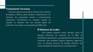 Tratamiento Terciario
Tiene por objetivo principal la remoción de nutrientes
(nitrógeno y fosforo), pero también la desinfección y la
remoción de compuestos tóxicos y contaminantes
específicos. Normalmente es utilizado cuando se
requiere un efluente final con elevado grado de
pulimento, con valores muy pequeños de DBO y SS.
El Sistema de Lodos
Este sistema presenta varias ventajas, como la
elevada eficiencia de remoción de la DBO, la
flexibilidad operacional y la posibilidad de remoción de
nutrientes, pero presenta algunos aspectos negativos,
como el elevado consumo de energía eléctrica, los
costos elevados de implantación y mantenimiento
 
