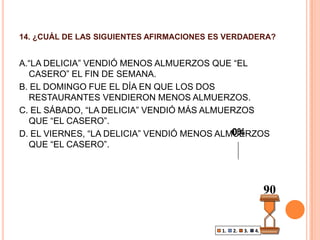 EN  LA PLAZOLETA DE COMIDAS  DEL PARQUE SAN AGUSTÍN SE ENCUENTRAN LOS RESTAURANTES “LAS DELICIAS “ Y  “EL CASERO. EN LA TABLA 1 SE MUESTRA LA CANTIDAD DE ALMUERZOS QUE VENDIÓ EL RESTAURANTE “LAS DELICIAS” EL FIN DE SEMANA.EN LA GRÁFICA 1 SE MUESTRA LA CANTIDAD DE ALMUERZOS QUE VENDIÓ EL RESTAURANTE “EL CASERO” EL FIN DE SEMANA.