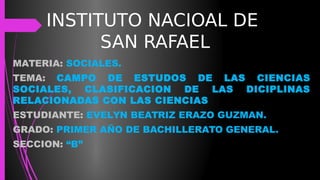 INSTITUTO NACIOAL DE
SAN RAFAEL
MATERIA: SOCIALES.
TEMA: CAMPO DE ESTUDOS DE LAS CIENCIAS
SOCIALES, CLASIFICACION DE LAS DICIPLINAS
RELACIONADAS CON LAS CIENCIAS
ESTUDIANTE: EVELYN BEATRIZ ERAZO GUZMAN.
GRADO: PRIMER AÑO DE BACHILLERATO GENERAL.
SECCION: “B”
 