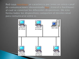 Red en BusEn una topología de bus, cada computadora está conectada a un segmento común de cable de red. El segmento de red se coloca como un bus lineal, es decir, un cable largo que va de un extremo a otro de la red, y al cual se conecta cada nodo de la misma. El cable puede ir por el piso, por las paredes, por el techo, o puede ser una combinación de éstos, siempre y cuando el cable sea un segmento continuo. 