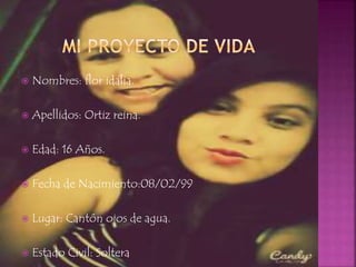  Nombres: flor idalia.
 Apellidos: Ortiz reina.
 Edad: 16 Años.
 Fecha de Nacimiento:08/02/99
 Lugar: Cantón ojos de agua.
 Estado Civil: Soltera
 