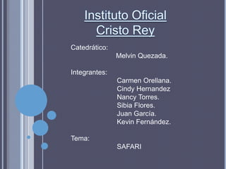 Catedrático:
Melvin Quezada.
Integrantes:
Carmen Orellana.
Cindy Hernandez
Nancy Torres.
Sibia Flores.
Juan García.
Kevin Fernández.
Tema:
SAFARI
 