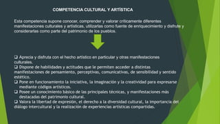 COMPETENCIA CULTURAL Y ARTÍSTICA
Esta competencia supone conocer, comprender y valorar críticamente diferentes
manifestaciones culturales y artísticas, utilizarlas como fuente de enriquecimiento y disfrute y
considerarlas como parte del patrimonio de los pueblos.
 Aprecia y disfruta con el hecho artístico en particular y otras manifestaciones
culturales.
 Dispone de habilidades y actitudes que le permiten acceder a distintas
manifestaciones de pensamiento, perceptivas, comunicativas, de sensibilidad y sentido
estético.
 Pone en funcionamiento la iniciativa, la imaginación y la creatividad para expresarse
mediante códigos artísticos.
 Posee un conocimiento básico de las principales técnicas, y manifestaciones más
destacadas del patrimonio cultural.
 Valora la libertad de expresión, el derecho a la diversidad cultural, la importancia del
diálogo intercultural y la realización de experiencias artísticas compartidas.
 