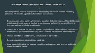 TRATAMIENTO DE LA INFORMACIÓN Y COMPETENCIA DIGITAL
Esta competencia consiste en disponer de habilidades para buscar, obtener, procesar y
comunicar información, y para transformarla en conocimiento.
• Búsqueda, selección, registro y tratamiento o análisis de la información, utilizando técnicas y
estrategias diversas según la fuente a la que se acuda o el soporte que se utilice (oral,
impreso, audiovisual, digital o multimedia).
• Transforma la información en conocimiento, organizándola, relacionándola, analizándola,
sintetizándola y haciendo inferencias y deducciones de distinto nivel de complejidad.
• Trabaja en entornos colaborativos, comunidades de aprendizaje.
• Genera producciones responsables y creativas.
• Hace un uso habitual de los recursos tecnológicos disponibles para resolver problemas
reales de modo eficiente.
 