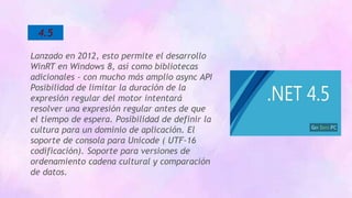 Lanzado en 2012, esto permite el desarrollo
WinRT en Windows 8, así como bibliotecas
adicionales - con mucho más amplio async API
Posibilidad de limitar la duración de la
expresión regular del motor intentará
resolver una expresión regular antes de que
el tiempo de espera. Posibilidad de definir la
cultura para un dominio de aplicación. El
soporte de consola para Unicode ( UTF-16
codificación). Soporte para versiones de
ordenamiento cadena cultural y comparación
de datos.
4.5
 