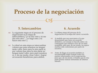 Proceso de la negociación
                                        
          5. Intercambios                                    6. Acuerdo
 La siguiente etapa en el proceso de           La última etapa del proceso de la
  negociación es la etapa de                     negociación es la etapa del cierre o acuerdo.
  intercambios (“yo te doy esto y tú me
  das esto otro”, “yo hago esto y tú            A medida que nos acercamos a lo que
  haces esto otro”).                             desearíamos que fuera un acuerdo
                                                 definitivo, un consejo es hacerle saber a la
                                                 contraparte que estamos cerca de un trato
 Lo ideal en esta etapa es intercambiar         aceptable, para que, de ese modo, no espere
  valores que para nosotros no tengan            muchas más concesiones por parte de
  tanto valor, pero para la otra parte sí,       nosotros.
  por valores que para la otra parte no
  tengan tanto valor, pero para nosotros        Antes de llegar al acuerdo también es
  sí, y, de ese modo, crear valor y lograr       recomendable haber tratado todos los
                                                 puntos relacionados con la negociación,
  un acuerdo beneficioso para ambos.             para que, de ese modo, evitemos que la otra
                                                 parte pueda realizar demandas de últimos
                                                 minuto.
 