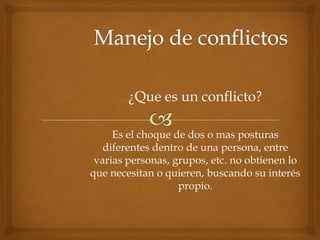 ¿Que es un conflicto?

     Es el choque de dos o mas posturas
   diferentes dentro de una persona, entre
 varias personas, grupos, etc. no obtienen lo
que necesitan o quieren, buscando su interés
                   propio.
 
