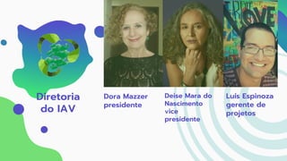 Diretoria
do IAV
Dora Mazzer
presidente
Deise Mara do
Nascimento
vice
presidente
Luís Espinoza
gerente de
projetos
 