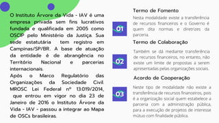 Termo de Fomento
01
02
03
O Instituto Árvore da Vida - IAV é uma
empresa privada sem fins lucrativos
fundada e qualificada em 2005 como
OSCIP pelo Ministério da Justiça. Sua
sede estatutária tem registro em
Campinas/SP/BR.. A base de atuação
da entidade é de abrangência no
Território Nacional e parcerias
internacionais.
Após o Marco Regulatório das
Organizações da Sociedade Civil.
MROSC Lei Federal nº 13.019/2014,
que entrou em vigor no dia 23 de
Janeiro de 2016 o Instituto Árvore da
Vida - IAV - passou a integrar ao Mapa
de OSCs brasileiras.
Nesta modalidade existe a transferência
de recursos financeiros e o Governo é
quem dita normas e diretrizes da
parceria.
Termo de Colaboração
Acordo de Cooperação
Também se dá mediante transferência
de recursos financeiros, no entanto, não
existe um limite de propostas a serem
apresentadas pelas organizações sociais.
Neste tipo de modalidade não existe a
transferência de recursos financeiros, pois
é a organização social quem estabelece a
parceria com a administração pública,
para a execução de projetos de interesse
mútuo com finalidade pública.
 