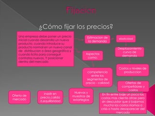 Fijacion¿Cómo fijar los precios?Una empresa debe poner un precio inicial cuando desarrolla un nuevo producto, cuando introduce su producto normal en un nuevo canal de  distribucion o área geográfica y cuando licita para conseguir contratos nuevos. Y posicionar dentro del mercadoEstimacion de la demandaelasticidadDesplazamiento curva de demandaAspectos como:Costos y niveles de produccioncompetencia entre los segmentos de precio - calidadOfertas de competidores y costosNuevas y muestras de estartegiasInsistir en precio,calidad,equilibridadOferta de mercado En fin entre baje un poco los costos mas cliente atrae pero sin descuidar que si bajamos mucho los costos iríamos a crisis o hasta desaparecer del mercado