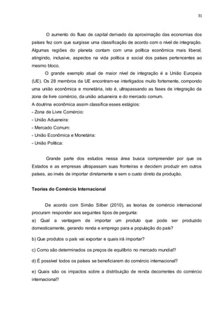 31
O aumento do fluxo de capital derivado da aproximação das economias dos
países fez com que surgisse uma classificação de acordo com o nível de integração.
Algumas regiões do planeta contam com uma política econômica mais liberal,
atingindo, inclusive, aspectos na vida política e social dos países pertencentes ao
mesmo bloco.
O grande exemplo atual de maior nível de integração é a União Europeia
(UE). Os 28 membros da UE encontram-se interligados muito fortemente, compondo
uma união econômica e monetária, isto é, ultrapassando as fases de integração da
zona de livre comércio, da união aduaneira e do mercado comum.
A doutrina econômica assim classifica esses estágios:
- Zona de Livre Comércio:
- União Aduaneira:
- Mercado Comum:
- União Econômica e Monetária:
- União Política:
Grande parte dos estudos nessa área busca compreender por que os
Estados e as empresas ultrapassam suas fronteiras e decidem produzir em outros
países, ao invés de importar diretamente e sem o custo direto da produção.
Teorias do Comércio Internacional
De acordo com Simão Silber (2010), as teorias de comércio internacional
procuram responder aos seguintes tipos de pergunta:
a) Qual a vantagem de importar um produto que pode ser produzido
domesticamente, gerando renda e emprego para a população do país?
b) Que produtos o país vai exportar e quais irá importar?
c) Como são determinados os preços de equilíbrio no mercado mundial?
d) É possível todos os países se beneficiarem do comércio internacional?
e) Quais são os impactos sobre a distribuição de renda decorrentes do comércio
internacional?
 