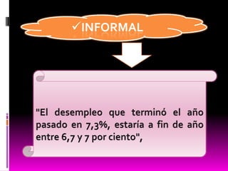 INFORMAL"El desempleo que terminó el año pasado en 7,3%, estaría a fin de año entre 6,7 y 7 por ciento",