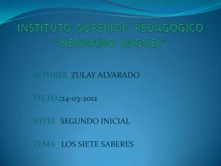 NOMBRE: ZULAY ALVARADO

FECHA:24-03-2012

NIVEL: SEGUNDO INICIAL

TEMA : LOS SIETE SABERES
 