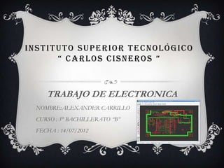 INSTITUTO SUPERIOR TECNOLÓGICO
      “ CARLOS CISNEROS ”



    TRABAJO DE ELECTRONICA
 NOMBRE:ALEXANDER CARRILLO
 CURSO : 3° BACHILLERATO “B”
 FECHA : 14/07/2012
 