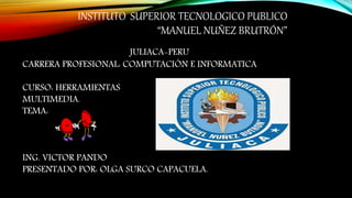 INSTITUTO SUPERIOR TECNOLOGICO PUBLICO
“MANUEL NUÑEZ BRUTRÓN”
JULIACA-PERU
CARRERA PROFESIONAL: COMPUTACIÓN E INFORMATICA
CURSO: HERRAMIENTAS
MULTIMEDIA.
TEMA:
ING. VICTOR PANDO
PRESENTADO POR: OLGA SURCO CAPACUELA.
 