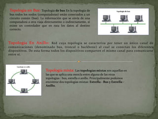 Topología en Bus:      Topología de bus En la topología de
bus todos los nodos (computadoras) están conectados a un
circuito común (bus). La información que se envía de una
computadora a otra viaja directamente o indirectamente, si
existe un controlador que en ruta los datos al destino
correcto.



Topología En Anillo:         Red cuya topología se caracteriza por tener un único canal de
comunicaciones (denominado bus, troncal o backbone) al cual se conectan los diferentes
dispositivos. De esta forma todos los dispositivos comparten el mismo canal para comunicarse
entre sí.




                          Topología mixta: Las topologías mixtas son aquellas en
                          las que se aplica una mezcla entre alguna de las otras
                          topologías : bus, estrella o anillo. Principalmente podemos
                          encontrar dos topologías mixtas: Estrella - Bus y Estrella -
                          Anillo.
 