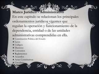 Marco Jurídico - Administrativo
En este capitulo se relacionan los principales
ordenamientos jurídicos vigentes que
regulan la operación y funcionamiento de la
dependencia, entidad o de las unidades
administrativas comprendidas en ella.
♦ Constitución Política del Estado
♦ Leyes
♦ Códigos
♦ Decretos
♦ Convenios
♦ Reglamentos
♦ Acuerdos
♦ Actas Constitutivas
♦ Circulares
 