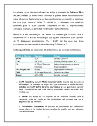 La primera norma internacional que trata sobre el concepto de Gobierno TI es 
(ISO/IEC-38500). La norma busca asesorar a quienes tienen responsabilidades 
sobre el correcto funcionamiento de las organizaciones, en relación al papel que 
les toca jugar respecto de las TI , definiendo y detallando unos principios 
generales para el buen Gobierno Corporativo de las TI: responsabilidad, 
estrategia, inversión, conformidad, rendimiento y comportamiento. 
Respecto a las metodologías, no existe una metodología unificada para la 
Gobernanza de TI. Existen metodologías que ayudan y facilitan un buen Gobierno 
de TI, destacando principalmente ITIL y CoBIT por los años que llevan 
incorporando las mejores prácticas en Gestión y Gobierno de TI. 
En la siguiente tabla se mencionan diferentes marcos de modelos de referencia. 
 CMMI (Capability Maturity Model Integration):Este modelo está basado en 
el concepto de madurez de un proceso que se concreta a través de varios 
estados que CMMI define de forma acumulativa, o sea, que el nivel superior 
tiene características del nivel inferior ampliando ciertos aspectos. Los 
niveles son: 
1. Inicial: en donde no se dispone de un ambiente estable para el 
desarrollo, más se confía en las habilidades del personal que en la 
seguridad de los procesos. 
2. Gestionado (Repetible): el proceso es gestionado sin uniformidad 
donde dispone de ciertas técnicas propias de gestión que son utilizadas 
discrecionalmente. 
12 
 