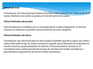 Válvula de nivel
Formada por una válvula de paso fijada al bastidor unida mediante una varilla al eje de la
rueda. Mediante esta varilla se gradúa el nivel del fuelle de la rueda.
Válvula limitadora de presión
Está formada por un émbolo con su correspondiente muelle antagonista. Su función
consiste en mantener la presión constante dentro de unos márgenes.
Válvula limitadora de altura
Formada por una válvula de paro de aire anclada al bastidor que lleva sujeta una varilla o
cable móvil unido al eje. Su misión consiste en impedir que la elevación de la plataforma
resulte excesiva y pueda perjudicar al sistema. El funcionamiento consiste en el
movimiento de la varilla permitiendo el paso de aire hacia los fuelles neumáticos o
permitiendo la expulsión de aire de los fuelles neumáticos.
 