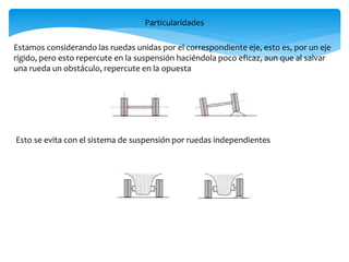 Particularidades
Estamos considerando las ruedas unidas por el correspondiente eje, esto es, por un eje
rígido, pero esto repercute en la suspensión haciéndola poco eficaz, aun que al salvar
una rueda un obstáculo, repercute en la opuesta
Esto se evita con el sistema de suspensión por ruedas independientes
 