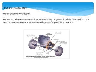TIPOS DE TRANSMISIÓN
-Motor delantero y tracción
Sus ruedas delanteras son motrices y directrices y no posee árbol de transmisión. Este
sistema es muy empleado en turismos de pequeña y mediana potencia.
 