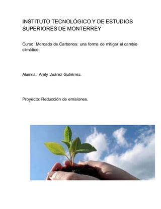 INSTITUTO TECNOLÓGICO Y DE ESTUDIOS
SUPERIORES DE MONTERREY
Curso: Mercado de Carbonos: una forma de mitigar el cambio
climático.
Alumna: Arely Juárez Gutiérrez.
Proyecto: Reducción de emisiones.
 