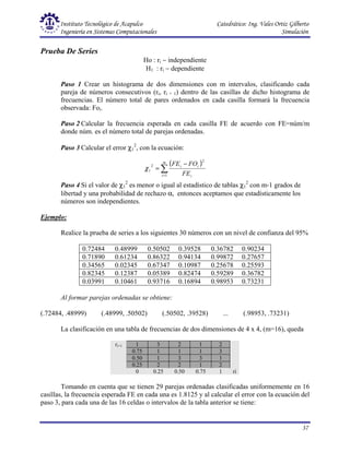 Instituto Tecnológico de Acapulco Catedrático: Ing. Vales Ortiz Gilberto
Ingeniería en Sistemas Computacionales Simulación
37
Prueba De Series
Ho : ri ∼ independiente
H1 : ri ∼ dependiente
Paso 1 Crear un histograma de dos dimensiones con m intervalos, clasificando cada
pareja de números consecutivos (ri, ri + 1) dentro de las casillas de dicho histograma de
frecuencias. El número total de pares ordenados en cada casilla formará la frecuencia
observada: Foi.
Paso 2 Calcular la frecuencia esperada en cada casilla FE de acuerdo con FE=núm/m
donde núm. es el número total de parejas ordenadas.
Paso 3 Calcular el error χ1
2
, con la ecuación:
( )
∑
=
−
=
m
i i
i
i
FE
FO
FE
1
2
2
1
χ
Paso 4 Si el valor de χ1
2
es menor o igual al estadístico de tablas χ1
2
con m-1 grados de
libertad y una probabilidad de rechazo α, entonces aceptamos que estadísticamente los
números son independientes.
Ejemplo:
Realice la prueba de series a los siguientes 30 números con un nivel de confianza del 95%
0.72484 0.48999 0.50502 0.39528 0.36782 0.90234
0.71890 0.61234 0.86322 0.94134 0.99872 0.27657
0.34565 0.02345 0.67347 0.10987 0.25678 0.25593
0.82345 0.12387 0.05389 0.82474 0.59289 0.36782
0.03991 0.10461 0.93716 0.16894 0.98953 0.73231
Al formar parejas ordenadas se obtiene:
(.72484, .48999) (.48999, .50502) (.50502, .39528) ... (.98953, .73231)
La clasificación en una tabla de frecuencias de dos dimensiones de 4 x 4, (m=16), queda
ri+1 1 3 2 1 2
0.75 1 1 1 3
0.50 1 3 3 1
0.25 2 2 1 2
0 0.25 0.50 0.75 1 ri
Tomando en cuenta que se tienen 29 parejas ordenadas clasificadas uniformemente en 16
casillas, la frecuencia esperada FE en cada una es 1.8125 y al calcular el error con la ecuación del
paso 3, para cada una de las 16 celdas o intervalos de la tabla anterior se tiene:
 