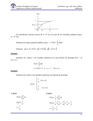 Instituto Tecnológico de Acapulco Catedrático: Ing. Vales Ortiz Gilberto
Ingeniería en Sistemas Computacionales Simulación
45
( )
( )
2
1
4
3
2
1
4
3
4
3
4
3
4
1
4
3
4
1
1
−
=
−
=






−
+
=
+
= ∫
x
r
x
x
x
F
dt
x
F
x
Al considerarla función inversa de F ó F-1
(x) en caso de ser conocida, podemos hacer:
x0 = F-1
(r0).
Podemos de manera general establecer que: ( ) ( )
∫∞
−
=
=
x
dt
t
f
x
F
r
Entonces ( ) ( ) ( )
[ ] ( )
[ ]
x
x
F
p
x
F
r
p
x
F
x
x
p ≤
=
≤
=
=
≤ −1
Ejemplo:
Genérese los valores x de variables aleatorias con una función de densidad f(x) = 2x
0 ≤ x ≤ 1
( ) ∫
=
x
tdt
x
F
0
2
( ) 2
x
x
F
r =
= ó r
x = 1
0 ≤
≤ r
Ejemplo:
Genérese los valores x de variables aleatorias con función de densidad
4
1
1
0 ≤
≤ x
( )=
x
f
4
3
2
1 ≤
≤ x
1° parte 2° parte
( )
( )
4
4
4
1
0
x
r
x
x
F
dt
x
F
x
=
=
= ∫
F(x)
1
F(xi) = ri
0 xi X
 