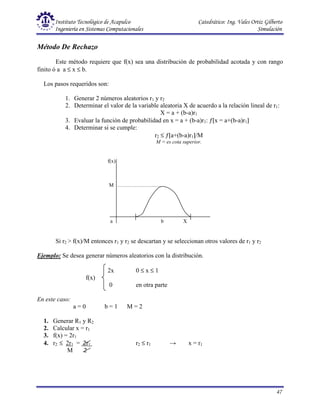 Instituto Tecnológico de Acapulco Catedrático: Ing. Vales Ortiz Gilberto
Ingeniería en Sistemas Computacionales Simulación
47
Método De Rechazo
Este método requiere que f(x) sea una distribución de probabilidad acotada y con rango
finito ó a a ≤ x ≤ b.
Los pasos requeridos son:
1. Generar 2 números aleatorios r1 y r2
2. Determinar el valor de la variable aleatoria X de acuerdo a la relación lineal de r1:
X = a + (b-a)r1
3. Evaluar la función de probabilidad en x = a + (b-a)r1: ƒ[x = a+(b-a)r1]
4. Determinar si se cumple:
r2 ≤ ƒ[a+(b-a)r1]/M
M = es cota superior.
f(x)
M
a b X
Si r2 > f(x)/M entonces r1 y r2 se descartan y se seleccionan otros valores de r1 y r2
Ejemplo: Se desea generar números aleatorios con la distribución.
2x 0 ≤ x ≤ 1
f(x)
0 en otra parte
En este caso:
a = 0 b = 1 M = 2
1. Generar R1 y R2
2. Calcular x = r1
3. f(x) = 2r1
4. r2 ≤ 2r1 = 2r1 r2 ≤ r1 → x = r1
M 2
 