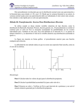 Instituto Tecnológico de Acapulco Catedrático: Ing. Vales Ortiz Gilberto
Ingeniería en Sistemas Computacionales Simulación
54
Otro procedimiento involucrado que usa la distribución normal como una aproximación a
la binomial para casos donde n ≥ 20 y np ≤ 10. Desde que la varianza binomial es un entero, la
varianza normal usada como una aproximación debe ser redondeada al valor entero más cercano.
Este método es más rápido pero es solo una aproximación.
Método De Transformación Inversa Para Distribuciones Discretas
Se utiliza cuando se desea simular variables aleatorias de tipo discreto, como la
distribución de Bernoulli, binomial, Poisson, discreta general, etc., El procedimiento es similar al
continuo pero el valor de F(x) se encuentra acumulando las probabilidades de los eventos
individuales p(x). También en este caso, F(x) está definida en el intervalo 0 a 1; se genera un
número aleatorio ri y se determina el valor de la variable aleatoria cuya distribución acumulada es
igual a ri.
La figura nos muestra en forma gráfica el procedimiento anterior para una función
cualquiera p(x) discreta.
La dificultad de este método radica en que no existe una expresión final sencilla, como en
el caso de la continua.
Metodología
Paso 1 Calcular todos los valores de p(x) para la distribución propuesta.
Paso 2 Calcular la probabilidad acumulada F(x) para cada valor de x.
Paso 3 Generar un valor ri. Verificar en F(x) a qué intervalo de x pertenece y ese será el
número aleatorio generado por la distribución propuesta.
f(x)
0 x
F(x)
0 Xi= F -1
(Ri) x
 