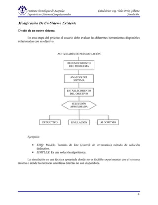 Instituto Tecnológico de Acapulco Catedrático: Ing. Vales Ortiz Gilberto
Ingeniería en Sistemas Computacionales Simulación
6
Modificación De Un Sistema Existente
Diseño de un nuevo sistema.
En esta etapa del proceso el usuario debe evaluar las diferentes herramientas disponibles
relacionadas con su objetivo.
Ejemplos:
• EOQ: Modelo Tamaño de lote (control de inventarios) método de solución
deductivo.
• SIMPLEX: Es una solución algorítmica.
La simulación es una técnica apropiada donde no es factible experimentar con el sistema
mismo o donde las técnicas analíticas directas no son disponibles.
ACTIVIDADES DE PRESIMULACIÓN
RECONOCIMIENTO
DEL PROBLEMA
ANÁLISIS DEL
SISTEMA
ESTABLECIMIENTO
DEL OBJETIVO
DEDUCTIVO SIMULACIÓN ALGORITMO
SELECCIÓN
APROXIMADA
 