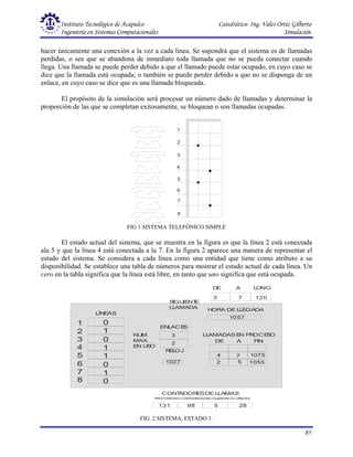 Instituto Tecnológico de Acapulco Catedrático: Ing. Vales Ortiz Gilberto
Ingeniería en Sistemas Computacionales Simulación
85
FIG. 2 SISTEMA, ESTADO 1.
hacer únicamente una conexión a la vez a cada línea. Se supondrá que el sistema es de llamadas
perdidas, o sea que se abandona de inmediato toda llamada que no se pueda conectar cuando
llega. Una llamada se puede perder debido a que el llamado puede estar ocupado, en cuyo caso se
dice que la llamada está ocupada; o también se puede perder debido a que no se disponga de un
enlace, en cuyo caso se dice que es una llamada bloqueada.
El propósito de la simulación será procesar un número dado de llamadas y determinar la
proporción de las que se completan exitosamente, se bloquean o son llamadas ocupadas.
1
2
3
4
5
6
7
8
FIG 1 SISTEMA TELEFÓNICO SIMPLE
El estado actual del sistema, que se muestra en la figura es que la línea 2 está conectada
ala 5 y que la línea 4 está conectada a la 7. En la figura 2 aparece una manera de representar el
estado del sistema. Se considera a cada línea como una entidad que tiene como atributo a su
disponibilidad. Se establece una tabla de números para mostrar el estado actual de cada línea. Un
cero en la tabla significa que la línea está libre, en tanto que uno significa que está ocupada.
0
1
0
1
1
0
1
0
1
2
3
4
5
6
7
8
LÍNE
AS
NU
M.
MAX
.
E
N U
S
O
ENL
ACE
S
R
E
L
OJ
1027
S
IGU
IE
NT
E
LL
AMADA
DE A L
ONG
3 7 120
H
ORA DE L
L
E
GADA
1057
3
2
LL
AMADASE
N PR
OCE
S
O
4 7 1075
2 5 1053
DE A FIN
CONT
ADOR
E
SDE L
LAMAS
131 98 5 28
P
ROCE
S
ADASCOMP
L
E
T
ADASBL
OQU
E
ADA
SOCUP
ADAS
 