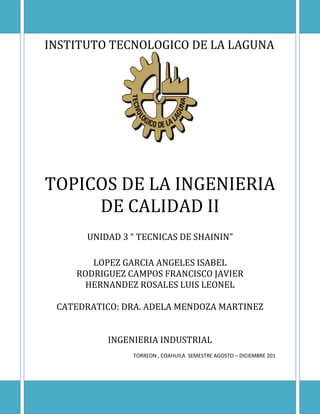 INSTITUTO TECNOLOGICO DE LA LAGUNA

TOPICOS DE LA INGENIERIA
DE CALIDAD II
UNIDAD 3 “ TECNICAS DE SHAININ”
LOPEZ GARCIA ANGELES ISABEL
RODRIGUEZ CAMPOS FRANCISCO JAVIER
HERNANDEZ ROSALES LUIS LEONEL
CATEDRATICO: DRA. ADELA MENDOZA MARTINEZ
INGENIERIA INDUSTRIAL
TORREON , COAHUILA SEMESTRE AGOSTO – DICIEMBRE 201

 