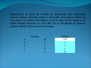 Observando la tabla de verdad se desprende que solamente cuando ambas entradas están a nivel alto (uno lógico) habrá un nivel bajo a la salida (cero lógico), y en el resto de los casos en la salida existirá siempre un nivel alto. En la actualidad se fabrican puertas NAND hasta de ocho entradas. Entradas Salidas A B 0 0 1 0 1 1 1 0 1 1 1 0 