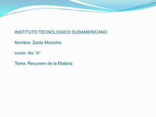 INSTITUTO TECNOLOGICO SUDAMERICANONombre: Zaida Morochocurso: 4to “A”Tema: Resumen de la Materia 