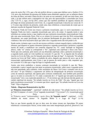 51
O Instituto Teológico Gamaliel - Maior Portal de Teologia do Brasil.
www.institutogamaliel.com , www.institutogamaliel.com.br
antes da morte (Fp 1.23), que o faz até preferir deixar o corpo para habitar com o Senhor (2 Co
5.8), pois eles desfrutam da presença do Senhor numa dimensão superior, por se acharem diante
do trono de Deus, servindo a Deus de dia e de noite no seu santuário, já não tem mais fome, nem
sede, e já não sofrem mais a intempéries da vida, pois são apascentados e consolados por Jesus
(Ap 7.15-17), e, aqui, em Ap 20.6, vemos que eles também partilham de alguma maneira do
privilégio de reinar juntamente com Cristo. Já, a segunda ressurreição é descrita nos versos de 11
a 13 como algo distinto da primeira, sendo uma clara referência a ressurreição do corpo que se
dará por ocasião da Segunda Vinda de Cristo
A Primeira Vinda de Cristo nos trouxe a primeira ressurreição, que é o novo nascimento e a
Segunda Vinda nos trará a segunda ressurreição que será a do corpo. A segunda morte é uma
referência ao castigo eterno, o que implica em que a primeira ressurreição, mencionada por João,
não seja uma ressurreição física. Pois se os crentes já tivessem aqui (em Ap 20.6) ressuscitado
fisicamente, em corpo glorificado, eles já estariam desfrutando do gozo pleno e total da vida
vindoura e não seria necessário dizer que sobre eles a segunda morte não tem poder (v.6).
Sendo assim, teríamos aqui o uso de um recurso estilístico comum naquela época, conhecido por
chiasmo, que disporia os quatro elementos (primeira e segunda ressurreição e primeira e segunda
morte) de modo a estabelecer um contraste diagonal em “X”, como ilustrado no diagrama
abaixo, onde “a)” estaria se contrapondo a “b)”, espiritual com espiritual e físico com físico.
Notar que este contraste, pelo menos em sua dimensão espiritual, entre a primeira ressurreição e
a segunda morte, pode ser visto também no versículo 15, que diz: “E, se alguém não foi achado
inscrito no Livro da Vida, esse foi lançado para dentro do lago de fogo”. A expressão “foi achado
inscrito no Livro da Vida” indica a condição do salvo, daquele que nasceu de novo, que já foi
ressuscitado espiritualmente com Cristo e que já passou da morte para a vida, enquanto que,
no versículo 14, é dito que o lago de fogo é a segunda morte.
Assim, este texto estabelece o mesmo contraste encontrado no versículo 6, que diz “Bem-
aventurado e santo é aquele que tem parte na primeira ressurreição; sobre esses a segunda morte
não tem autoridade; pelo contrário, serão sacerdotes de Deus e de Cristo e reinarão com ele os
mil anos”. O que fortalece o argumento em defesa da interpretação da primeira ressurreição
como de natureza espiritual, não apenas pelo contraste estabelecido, mas também pelo paralelo
que se vê entre os versículos 6 e 15, onde a expressão do v. 6 “aquele que tem parte na primeira
ressurreição” tem a sua expressão paralela no v. 15 em termos que não deixam dúvida quanto ao
caráter espiritual da mesma: “foi achado inscrito no Livro da Vida”. Ou seja, “aquele que tem
parte na primeira ressurreição” é o mesmo que dizer: aquele que “foi achado inscrito no Livro da
Vida”. Veja o diagrama:
Tabela – Diagrama Demonstrativo Ap 20.6
a) “Primeira ressurreição” – espiritual= símbolo da vida eterna= “foi achado inscrito no Livro
da Vida”(Comparar v.6 com v.15) a) “segunda ressurreição” (“reviveram”v.5)= ressurreição geral
e física (v. 13)
b) “Primeira morte” (subentendida)= morte física b) “Segunda morte” – espiritual – (v.6)=
símbolo da morte eterna= “A Segunda Morte é o Lago de Fogo” (v.14)
Para os que fazem questão de que os dois usos do termo ezesan em Apocalipse 20 sejam
referências a ressurreições físicas, existe ainda uma outra interpretação possível, plausível e em
 
