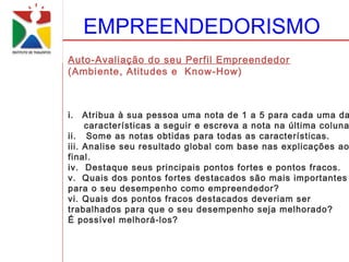 EMPREENDEDORISMO
Auto-Avaliação do seu Perfil Empreendedor
(Ambiente, Atitudes e Know-How)



i.   Atribua à sua pessoa uma nota de 1 a 5 para cada uma da
     características a seguir e escreva a nota na última coluna
ii. Some as notas obtidas para todas as características.
iii. Analise seu resultado global com base nas explicações ao
final.
iv. Destaque seus principais pontos fortes e pontos fracos.
v. Quais dos pontos fortes destacados são mais importantes
para o seu desempenho como empreendedor?
vi. Quais dos pontos fracos destacados deveriam ser
trabalhados para que o seu desempenho seja melhorado?
É possível melhorá-los?
 