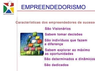 EMPREENDEDORISMO

Características dos empreendedores de sucesso
                São Visionários
                Sabem tomar decisões
                São indivíduos que fazem
                a diferença
                Sabem explorar ao máximo
                as oportunidades
                São determinados e dinâmicos
                São dedicados
 
