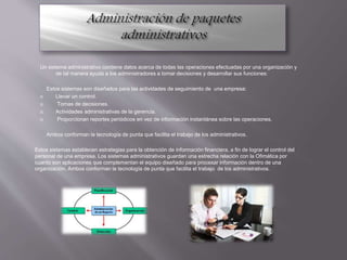 Un sistema administrativo contiene datos acerca de todas las operaciones efectuadas por una organización y
de tal manera ayuda a los administradores a tomar decisiones y desarrollar sus funciones:
Estos sistemas son diseñados para las actividades de seguimiento de una empresa:
 Llevar un control.
 Tomas de decisiones.
 Actividades administrativas de la gerencia.
 Proporcionan reportes periódicos en vez de información instantánea sobre las operaciones.
Ambos conforman la tecnología de punta que facilita el trabajo de los administrativos.
Estos sistemas establecen estrategias para la obtención de información financiera, a fin de lograr el control del
personal de una empresa. Los sistemas administrativos guardan una estrecha relación con la Ofimática por
cuanto son aplicaciones que complementan el equipo diseñado para procesar información dentro de una
organización. Ambos conforman la tecnología de punta que facilita el trabajo de los administrativos.
 