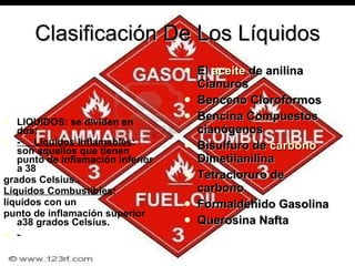 LIQUIDOS: se dividen en dos:  -  Líquidos Inflamables : son aquellos que tienen punto de inflamación inferior a 38  grados Celsius..  Líquidos Combustibles : líquidos con un  punto de inflamación superior a38 grados Celsius.  - El  aceite  de anilina Cianuros Benceno Cloroformos Bencina Compuestos cianógenos Bisulfuro de  carbono  Dimetilanilina Tetracloruro de carbono Formaldehido Gasolina Querosina Nafta Clasificación De Los Líquidos 