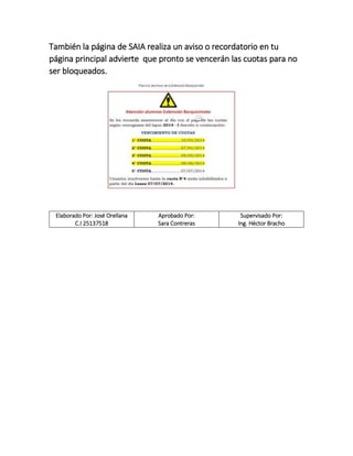 También la página de SAIA realiza un aviso o recordatorio en tu
página principal advierte que pronto se vencerán las cuotas para no
ser bloqueados.
Elaborado Por: José Orellana
C.I 25137518
Aprobado Por:
Sara Contreras
Supervisado Por:
Ing. Héctor Bracho
 