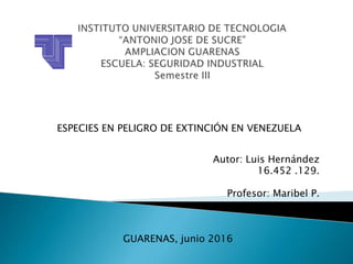 Autor: Luis Hernández
16.452 .129.
Profesor: Maribel P.
GUARENAS, junio 2016
ESPECIES EN PELIGRO DE EXTINCIÓN EN VENEZUELA
 