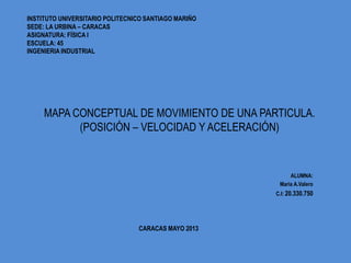 INSTITUTO UNIVERSITARIO POLITECNICO SANTIAGO MARIÑO
SEDE: LA URBINA – CARACAS
ASIGNATURA: FÍSICA I
ESCUELA: 45
INGENIERIA INDUSTRIAL
.ALUMNA:
Maria A.Valero
C.I: 20.330.750
CARACAS MAYO 2013
MAPA CONCEPTUAL DE MOVIMIENTO DE UNA PARTICULA.
(POSICIÓN – VELOCIDAD Y ACELERACIÓN)
 