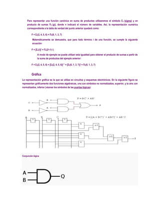 Para representar una función canónica en suma de productos utilizaremos el símbolo Σ n (sigma) y en
     producto de sumas Πn (pi), donde n indicará el número de variables. Así, la representación numérica
     correspondiente a la tabla de verdad del punto anterior quedará como:

         F = Σ3(2, 4, 5, 6) = Π3(0, 1, 3, 7)
          Matemáticamente se demuestra, que para todo término i de una función, se cumple la siguiente
          ecuación:

         F = [Σn(i)]' = Πn(2n-1-i )
               A modo de ejemplo se puede utilizar esta igualdad para obtener el producto de sumas a partir de
               la suma de productos del ejemplo anterior:

         F = Σ3(2, 4, 5, 6) = [Σ3(2, 4, 5, 6)]' ' = [Σ3(0, 1, 3, 7)]' = Π3(0, 1, 3, 7)


         Gráfica
La representación gráfica es la que se utiliza en circuitos y esquemas electrónicos. En la siguiente figura se
representan gráficamente dos funciones algebraicas, una con símbolos no normalizados, superior, y la otra con
normalizados, inferior (véanse los símbolos de las puertas lógicas)




Conjunción lógica
 
