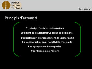 Curs 2014-15

Principis d’actuació
El principi d’activitat de l’estudiant
El foment de l‘autonomia/La presa de decisions
L’expertesa en el processament de la informació
La transversalitat en el treball dels continguts
Les agrupacions heterogènies
Coordinació amb l’entorn

 