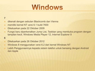 7





dikenali dengan sebutan Blackcomb dan Vienna
memiliki kernel NT versi 6.1 build 7600
Dikeluarkan pada 22 Oktober 2009
Fungsi baru diperkenalkan Jump List, Taskbar yang membuka program dengan
tampilan kecil, Windows Media Player 12, Internet Explorer 8

8




Dikeluarkan pada 26 Oktober 2012
Windows 8 menggunakan versi 6.2 dari kernel Windows NT
Lebih Penggunaannya kepada sistem telefon untuk bersaing dengan Android
dan Apple

 