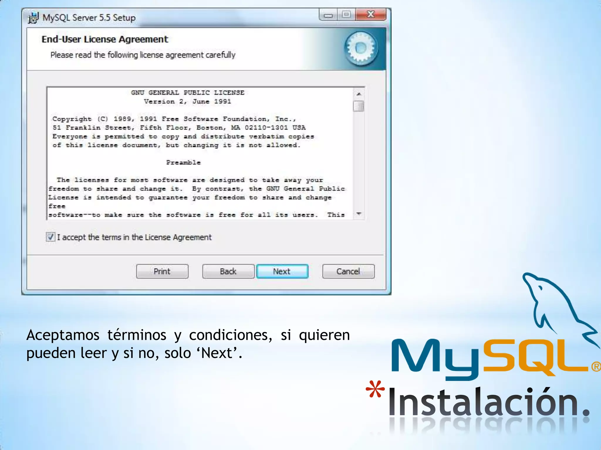Aceptamos términos y condiciones, si quieren
pueden leer y si no, solo ‘Next’.

*

 