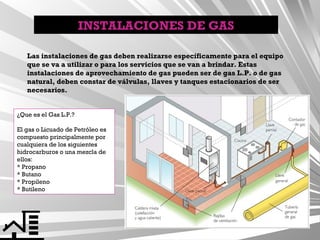 INSTALACIONES DE GAS
Las instalaciones de gas deben realizarse específicamente para el equipo
que se va a utilizar o para los servicios que se van a brindar. Estas
instalaciones de aprovechamiento de gas pueden ser de gas L.P. o de gas
natural, deben constar de válvulas, llaves y tanques estacionarios de ser
necesarios.
¿Que es el Gas L.P.?
El gas o Licuado de Petróleo es
compuesto principalmente por
cualquiera de los siguientes
hidrocarburos o una mezcla de
ellos:
* Propano
* Butano
* Propileno
* Butileno

 